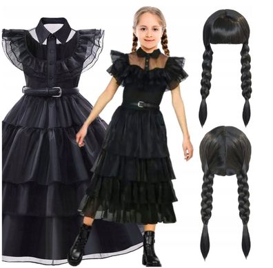 Kostüm Wednesday Addams Kostüm Verkleidung Girl Schwarz Black Kleid + Perücke