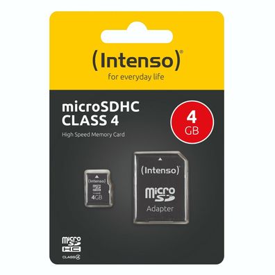 Intenso Speicherkarte Mirco SD Micro SDHC Datenspeicher Class 4 + Adapter 4GB