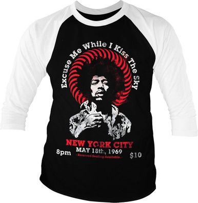 Jimi Hendrix Live In New York Baseball 3/4 Sleeve Tee T-Shirt White-Black