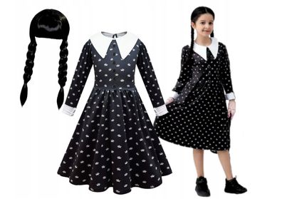 Kostüm Wednesday Addams Kostüm Verkleidung Girl Schwarz Black Kleid + Perücke .