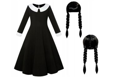 Kostüm Wednesday Addams Kostüm Verkleidung Girl. Schwarz Black Kleid + Perücke.