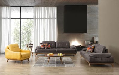 Grau-Gelbe Sofagarnitur 3 + 2 + 1 Sitzer Luxus Polstermöbel Wohnzimmer Set