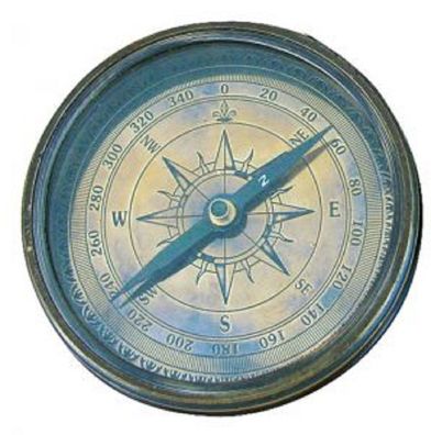 Dosenkompass, Kompass und Dauerkalender aus Altmessing, graviert