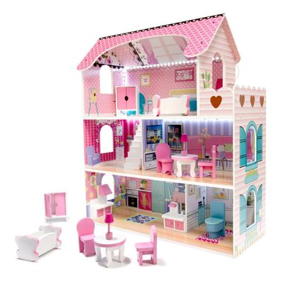 Puppenhaus aus Holz MDF + Möbel 70cm rosa LED