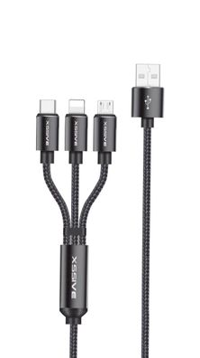 3in1 Charge USB Kabel 1.2 Meter 2.4A Schnell-Ladekabel geflochten