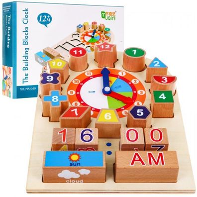 Lerntafel aus Holz. Uhr für Kinder ab 12 Monaten. Lernen, Uhrzeit und Wetter zu lesen