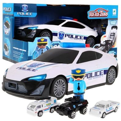 Polizeiauto 2in1 für Kinder 3+ Staufach für Federn + 3 Autos + Lichtgeräusche