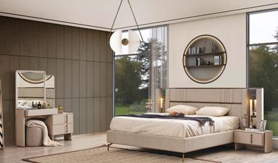 Moderne Schlafzimmer Möbel Beiges Doppelbett 2x Nachttische Schminktisch