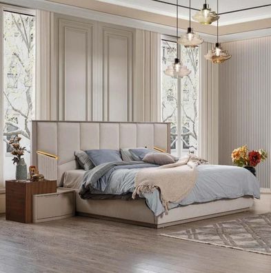 Moderne Beige Schlafzimmer Garnitur Luxuriöses Doppelbett + Nachttische