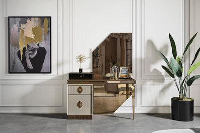 Weiß-Brauner Schminktisch Designer Spiegel Schlafzimmer Möbel 2tlg Set