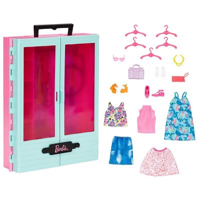 Barbie Kleiderschrank mit Tragegriff & Kleidung | Mattel HKR92 | Möbel Spiel-Set