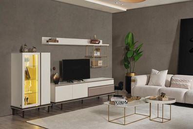 Weißes Wohnzimmer Set Designer TV-Ständer Luxus LED Vitrine Holz Regal