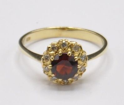 Granat + 10x Diamant Brillant Blüten Ring 750 Gold Vintage Neu wertig