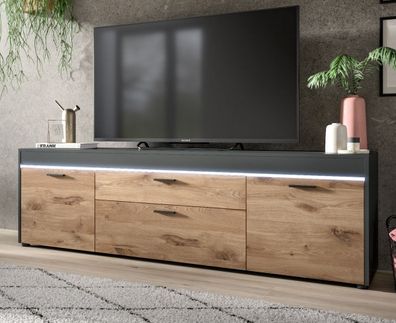TV-Lowboard in Eiche grau Fernseher Flat TV Unterschrank Danio mit LED 185 cm