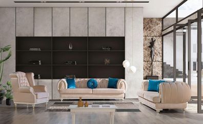 Beige Sofagarnitur 3 + 2 + 1 Sitzer Luxus Polster Couchen Stilvolle Möbel