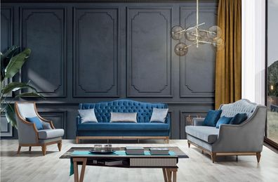 Moderne Blaue Chesterfield Sofagarnitur Designer Dreisitzer Luxus Sessel