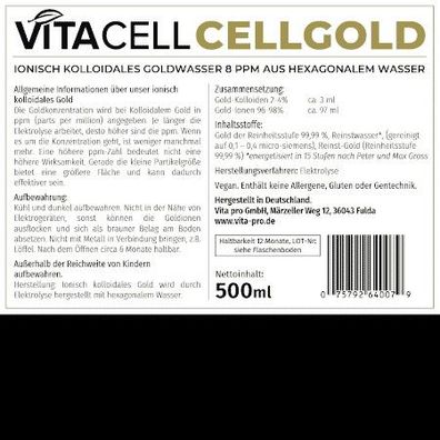 VitaCell Cellgold Ionisch Kolloidales Gold 8 ppm 500 ml
