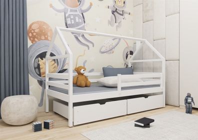 Hausbett Kinderbett ARIANA 200x90cm Kiefer Massiv Weiß inkl. Rollrost und Schubk