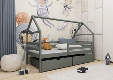 Hausbett Kinderbett ARIANA 200x90cm Kiefer Massiv Grafit inkl. Rollrost und Schu