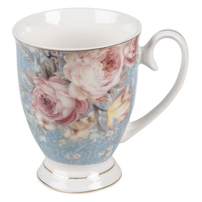 Clayre & Eef Tasse 300 ml Blau Weiß Porzellan Blumen (Gr. 11x8x10 cm / 300 ml)