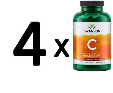 4 x Vitamin C with Rose Hips, 1000mg Timed-Release - 250 tabs