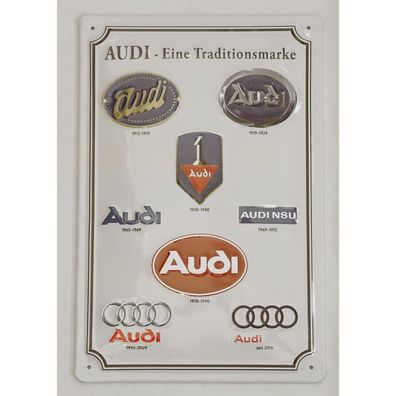 Audi Blechschild Logo Historie Traditionsmarke 3D Prägung Stahlblech Schild A8-8975