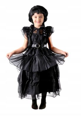 Kostüm Wednesday Addams Kostüm Verkleidung Girl Schwarz Black Kleid + Extras