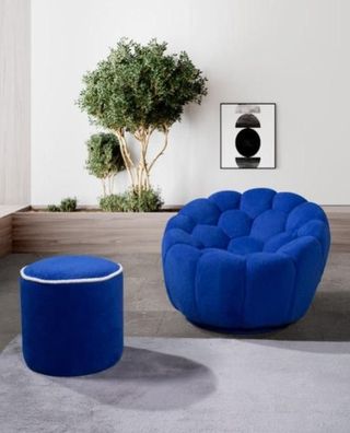 Blauer Sessel Designer Wohnzimmer Set 2tlg Exklusiver Polster Hocker