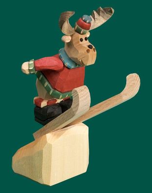 Holzfigur Räucherelch auf Ski geschnitzt Höhe 19cm NEU Figuren Schnitzen Holz