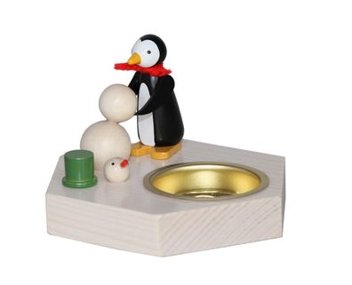 Weihnachtsdekoration Teelichthalter Pinguin beim Schneemann bauen bunt