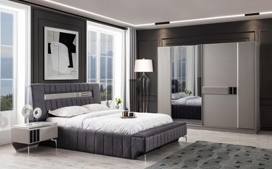 Schlafzimmer Garnitur Doppelbett Bett Nachttische 4tlg Grau Schrank
