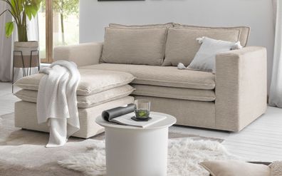 Sofa Set in Cord beige Couch inklusive Hocker Pesaro Wohnzimmer 2-Sitzer 180 cm
