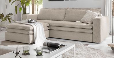 Schlafsofa Set in Cord beige Sofa 3-Sitzer mit Bettfunktion und Hocker Couch Pesaro