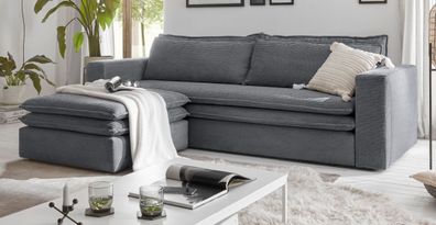 Sofa Set in Cord grau Schlafsofa 3-Sitzer mit Bettfunktion und Hocker Couch Pesaro