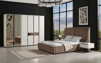 Schlafzimmer Garnitur Doppelbett Bett Nachttische 4tlg Beige Schrank