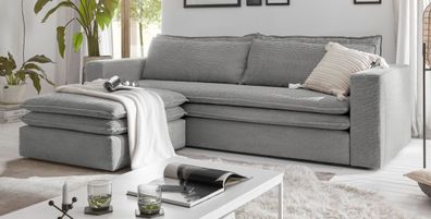 Schlafsofa Set Cord hellgrau Sofa 3-Sitzer mit Bettfunktion und Hocker Pesaro Couch