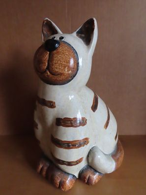 Figur Katze Keramik dicke Katze beige braune Streifen braquner Schnauze