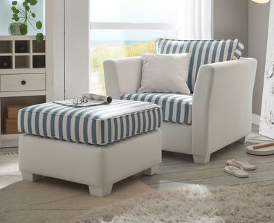 Sessel Set Landhaus Loungesessel mit Hocker Polstersessel in creme und blau Hooge