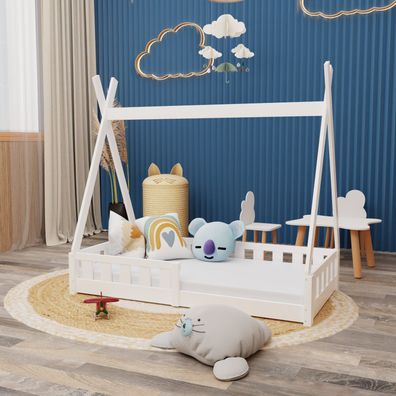 Montessori Kinderbett 140x70cm weiß Tipi Spielbett Zeltform Holz bodentief Rausfal...