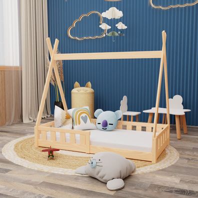 Montessori Kinderbett 140x70cm natur Tipi Spielbett Zeltform Holz bodentief Rausfa...
