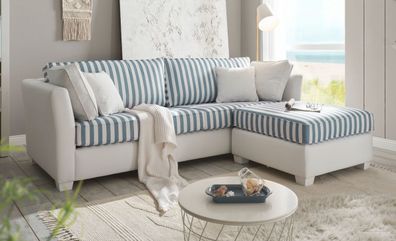 Sofa Set Couch 3-Sitzer mit Hocker in creme und blau Landhaus Wohnzimmer Hooge 240 cm