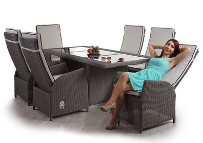 Luxus Poly-Rattan-Garnitur Badalona, Lounge Sitzgruppe Tisch + 6 verstellbare Stühle