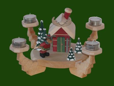 Adventsleuchter Elch mit Christbaum an der Hütte geschnitzt mit Teelichter
