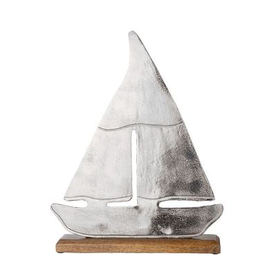 Segelschiff AHOI silber natur aus Aluminium mit Holzsockel H31cm maritime Deko