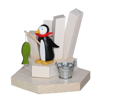 Weihnachtsdekoration Teelichthalter Pinguin beim Eisangeln bunt NEU