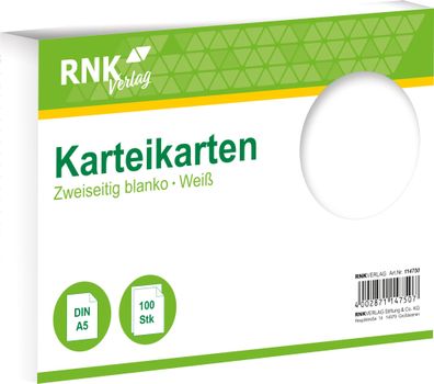 RNK Verlag 114750 Karteikarten - DIN A5, blanko, weiß, 100 Karten