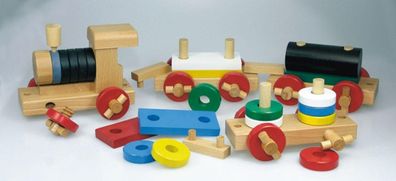 Holzspielzeug Holzeisenbahn mit 3 Wagons zerlegbar bunt Breite 30cm NEU Spielzeug
