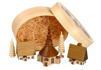 Miniaturfigur Spanschachtel mit Dorf Seiffen natur Höhe 7 cm NEU Spielzeug Deko