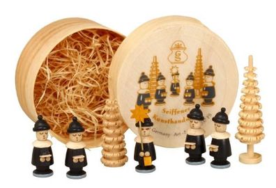 Miniaturfigur Spanschachtel mit Kurrendefiguren Ringelbaum schwarz Höhe 5 cm NEU