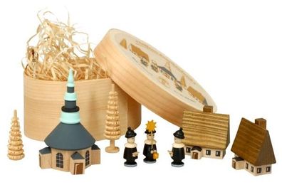 Miniaturfigur Spanschachtel mit Dorf Seiffen und Kurrende bunt Höhe 7 cm NEU Wei